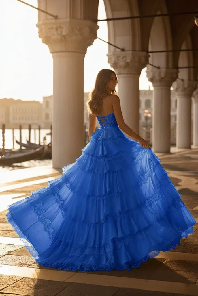 Strapless Lace Tiered Ruffle Prom Dress with Slit & Corset Back | Promspark