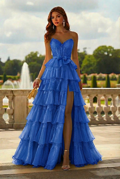 Strapless Lace Tiered Ruffle Prom Dress with Slit & Corset Back | Promspark
