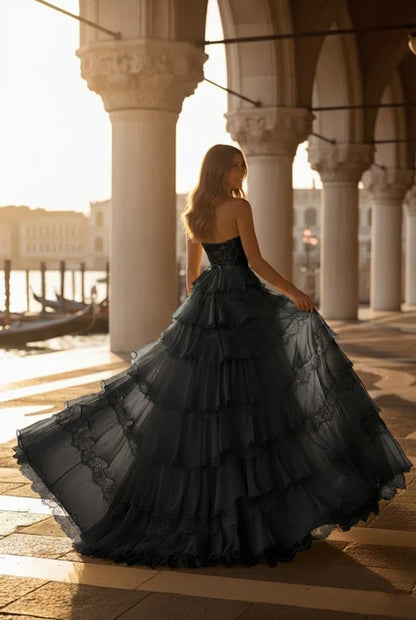 Strapless Lace Tiered Ruffle Prom Dress with Slit & Corset Back | Promspark