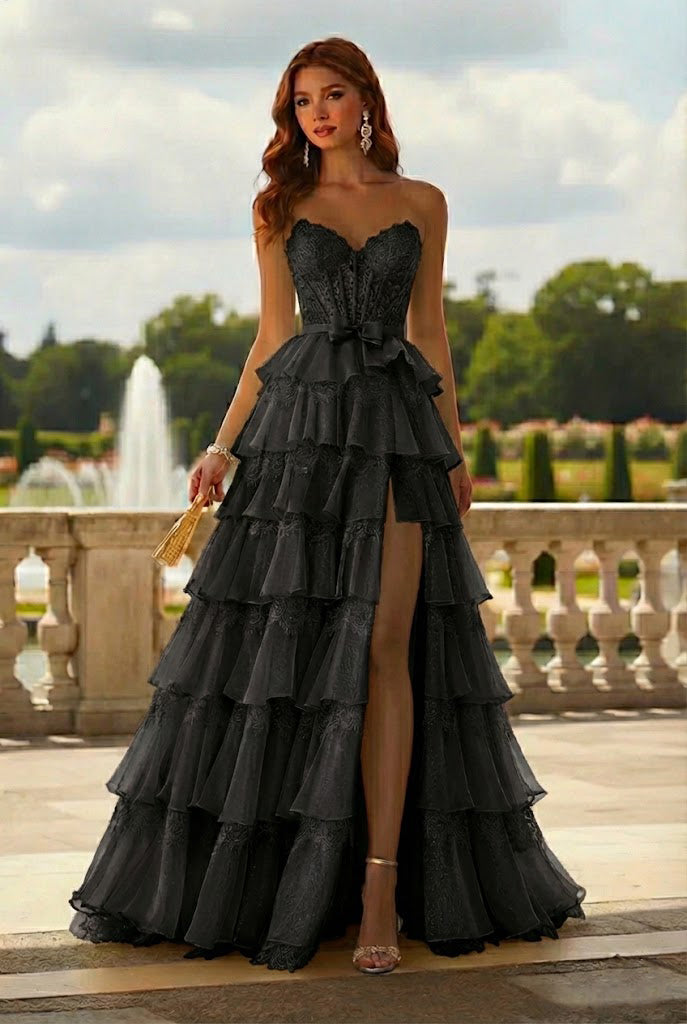 Strapless Lace Tiered Ruffle Prom Dress with Slit & Corset Back | Promspark