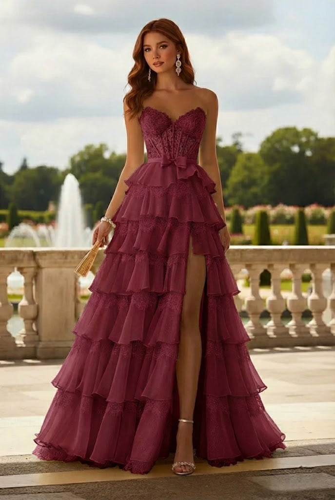 Strapless Lace Tiered Ruffle Prom Dress with Slit & Corset Back | Promspark
