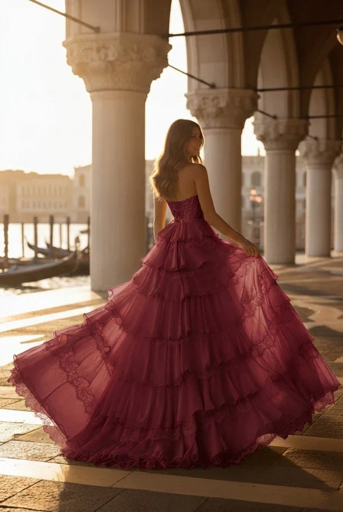 Strapless Lace Tiered Ruffle Prom Dress with Slit & Corset Back | Promspark