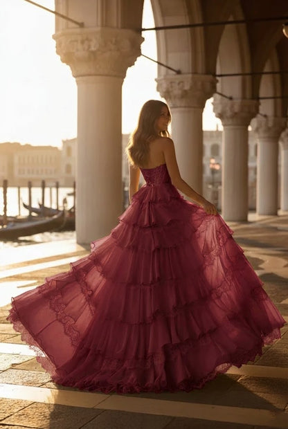 Strapless Lace Tiered Ruffle Prom Dress with Slit & Corset Back | Promspark