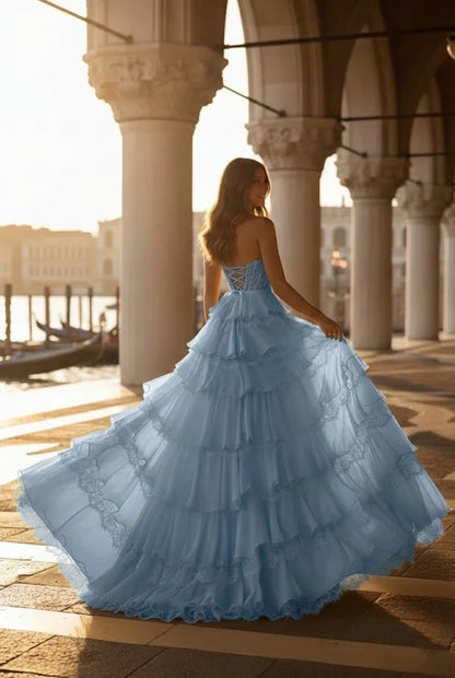 Strapless Lace Tiered Ruffle Prom Dress with Slit & Corset Back | Promspark