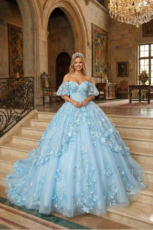 Nayeli Textured Ruffle Ball Gown V Neck Quinceañera Dress With Bow and 3D Floral in Blue - product view
