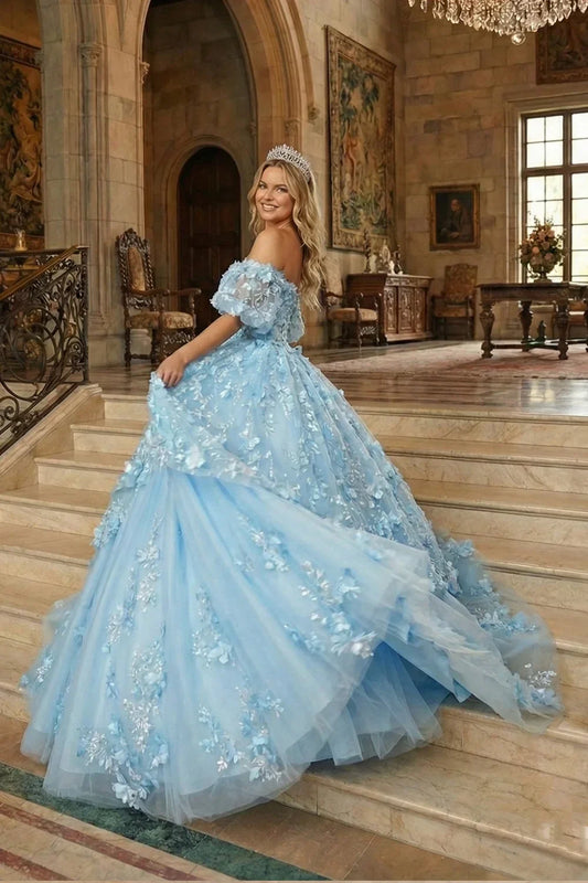Nayeli Textured Ruffle Ball Gown V Neck Quinceañera Dress With Bow and 3D Floral in Blue - product view