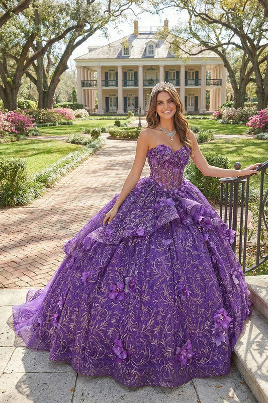 Constanza Textured Ruffles Ball Gown Illusion Off-the-shoulder Quinceañera Dress With Lace & 3D Floral in Purple - product view