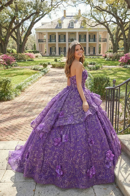 Constanza Textured Ruffles Ball Gown Illusion Off-the-shoulder Quinceañera Dress With Lace & 3D Floral in Purple - product view
