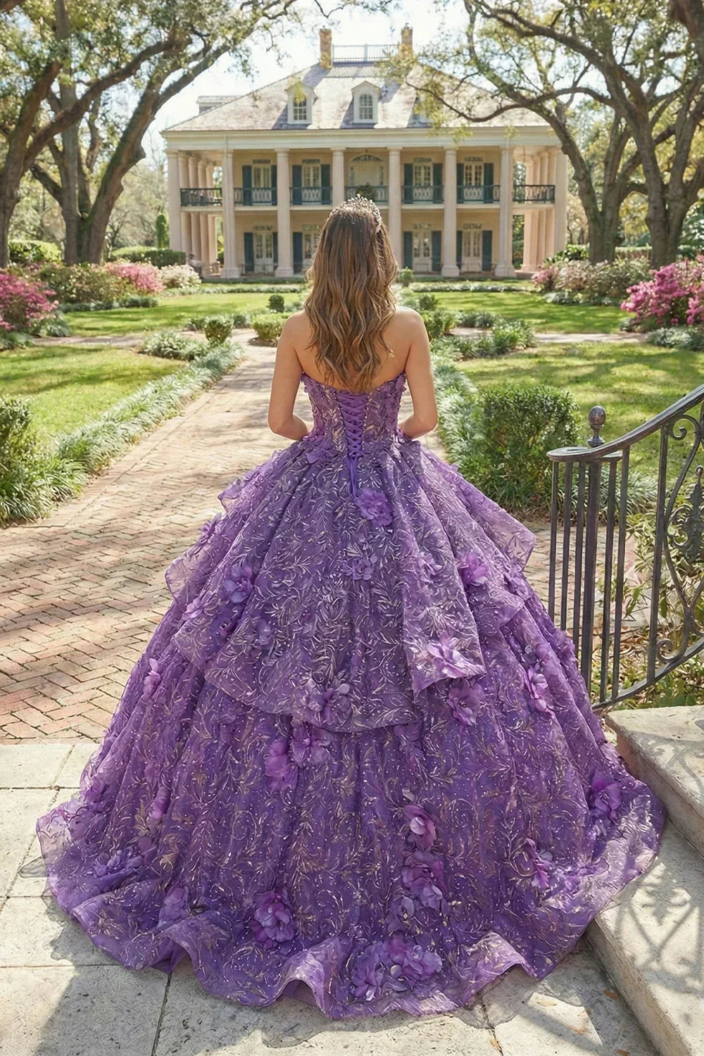 Constanza Textured Ruffles Ball Gown Illusion Off-the-shoulder Quinceañera Dress With Lace & 3D Floral in Purple - product view
