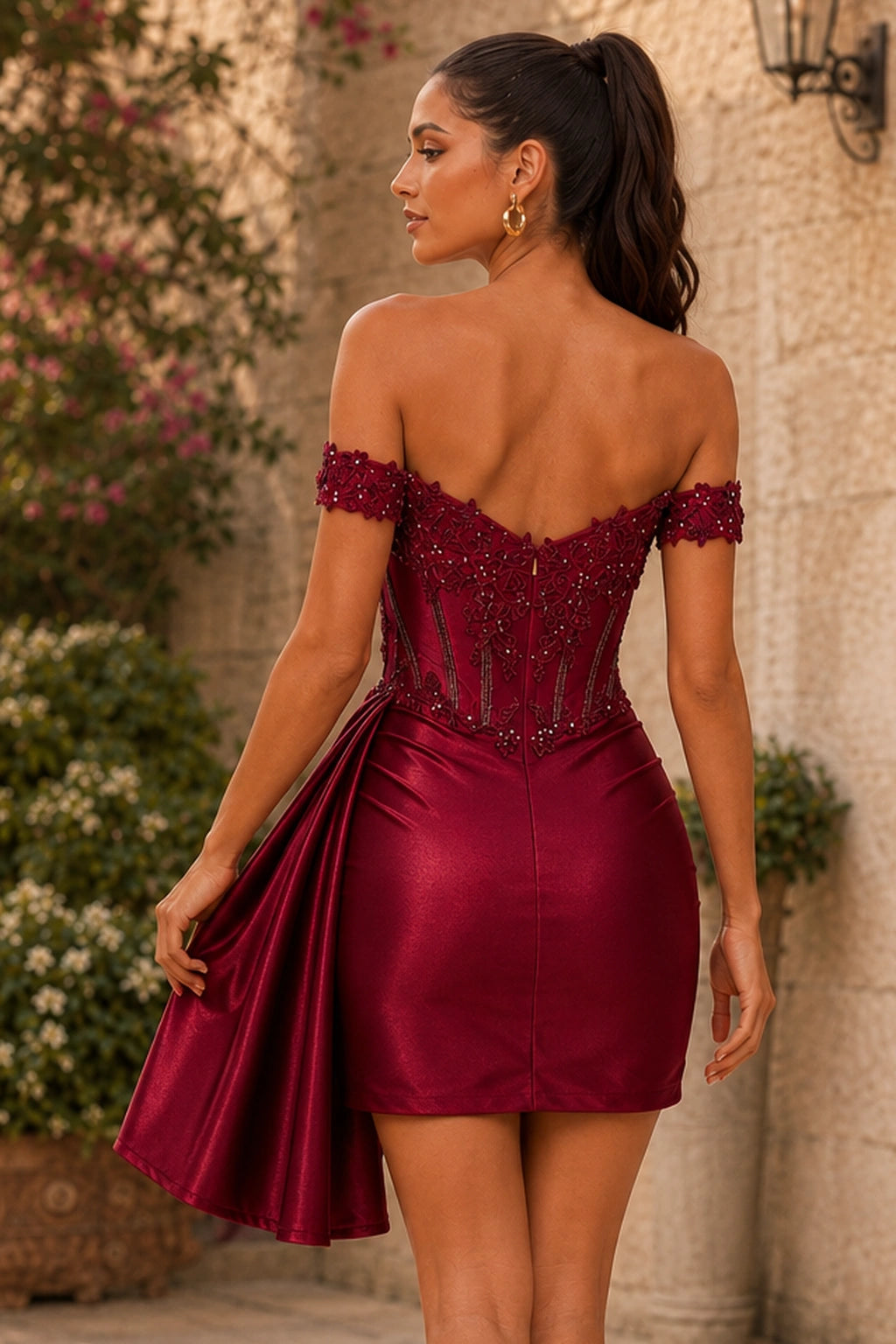Astra Fuchsia Off-the-Shoulder Beaded Drape Mini Homecoming Dress in Burgundy - back view
