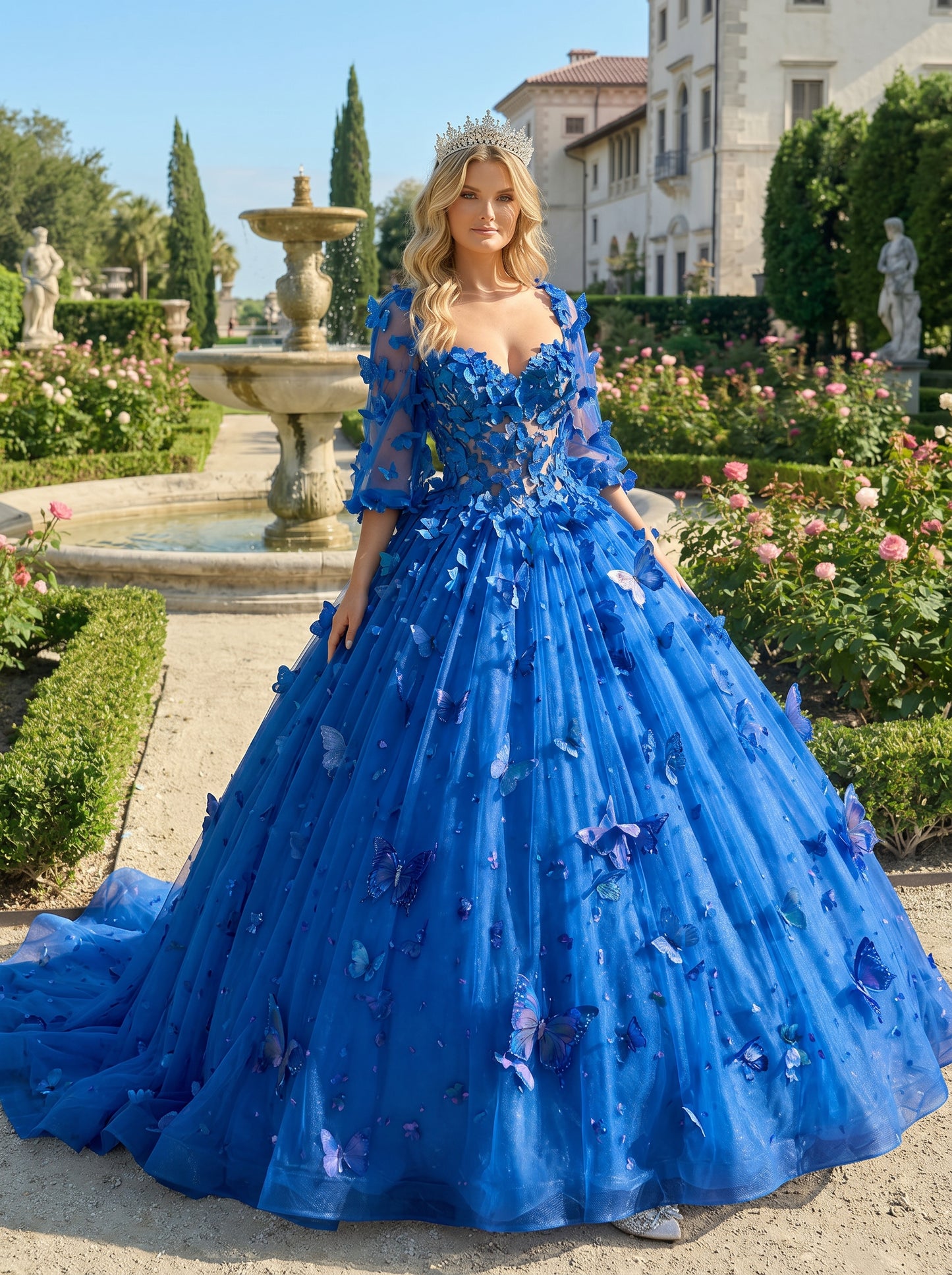 Charming Ball Gown Illusion Long Sleeves Quinceañera Dress With 3D Butterfly | Promspark