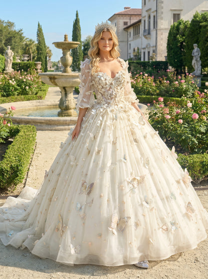 Charming Ball Gown Illusion Long Sleeves Quinceañera Dress With 3D Butterfly | Promspark