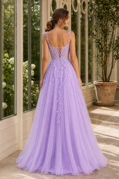 Elara lavender floral strap A-line tulle prom dress lace-up back view
