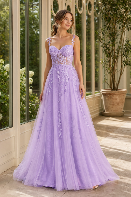 Elara lavender floral strap A-line tulle prom dress front view