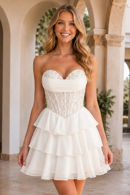 Emery Red Beaded Corset Tiered Ruffle Mini Homecoming Dress in White - front view