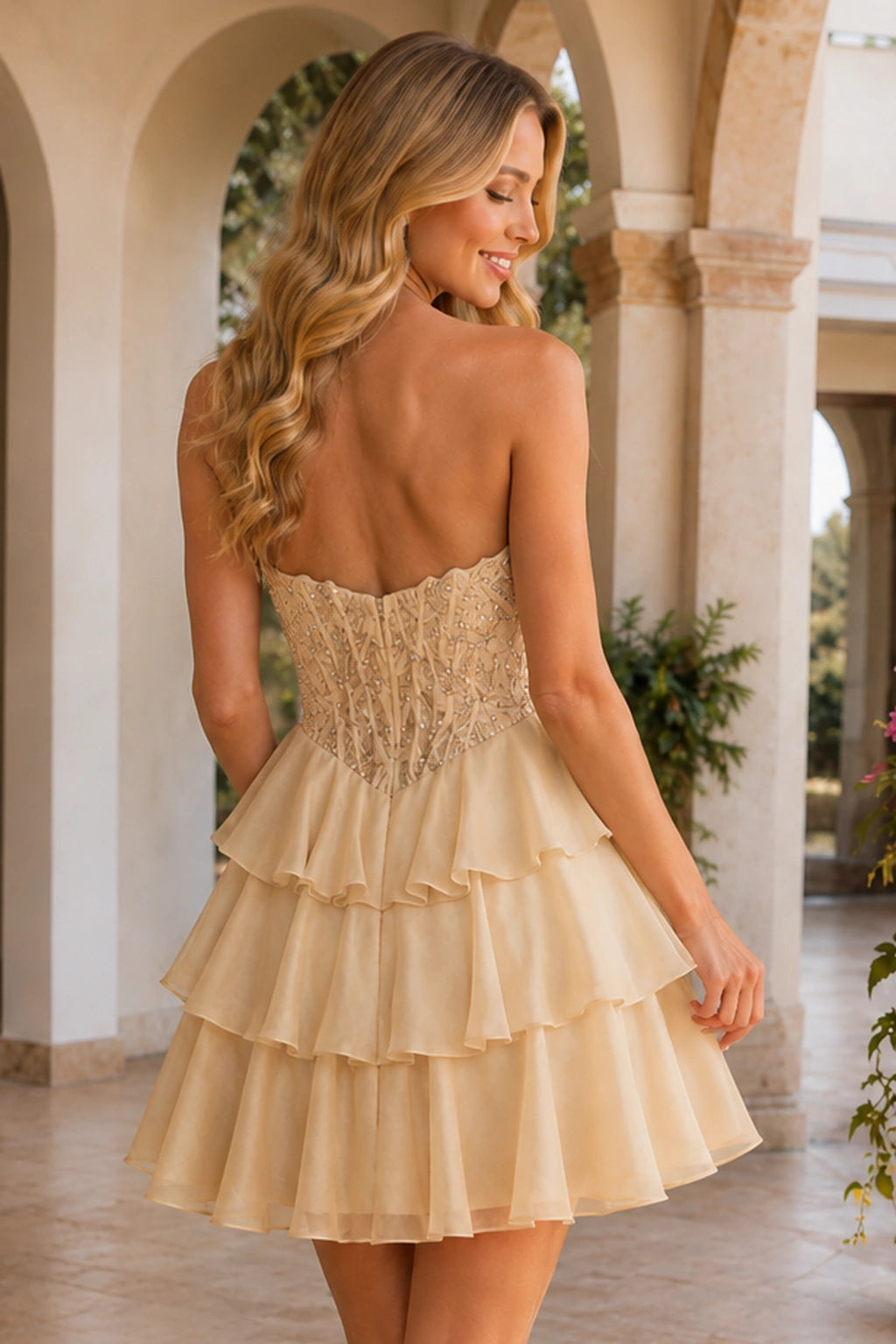 Emery Red Beaded Corset Tiered Ruffle Mini Homecoming Dress in Champagne - back view