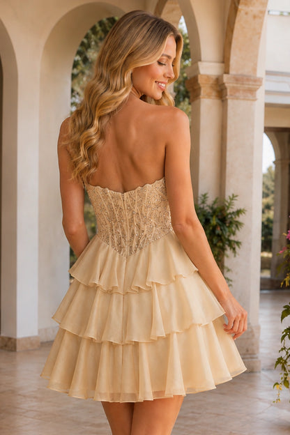 Emery Red Beaded Corset Tiered Ruffle Mini Homecoming Dress in Champagne - back view