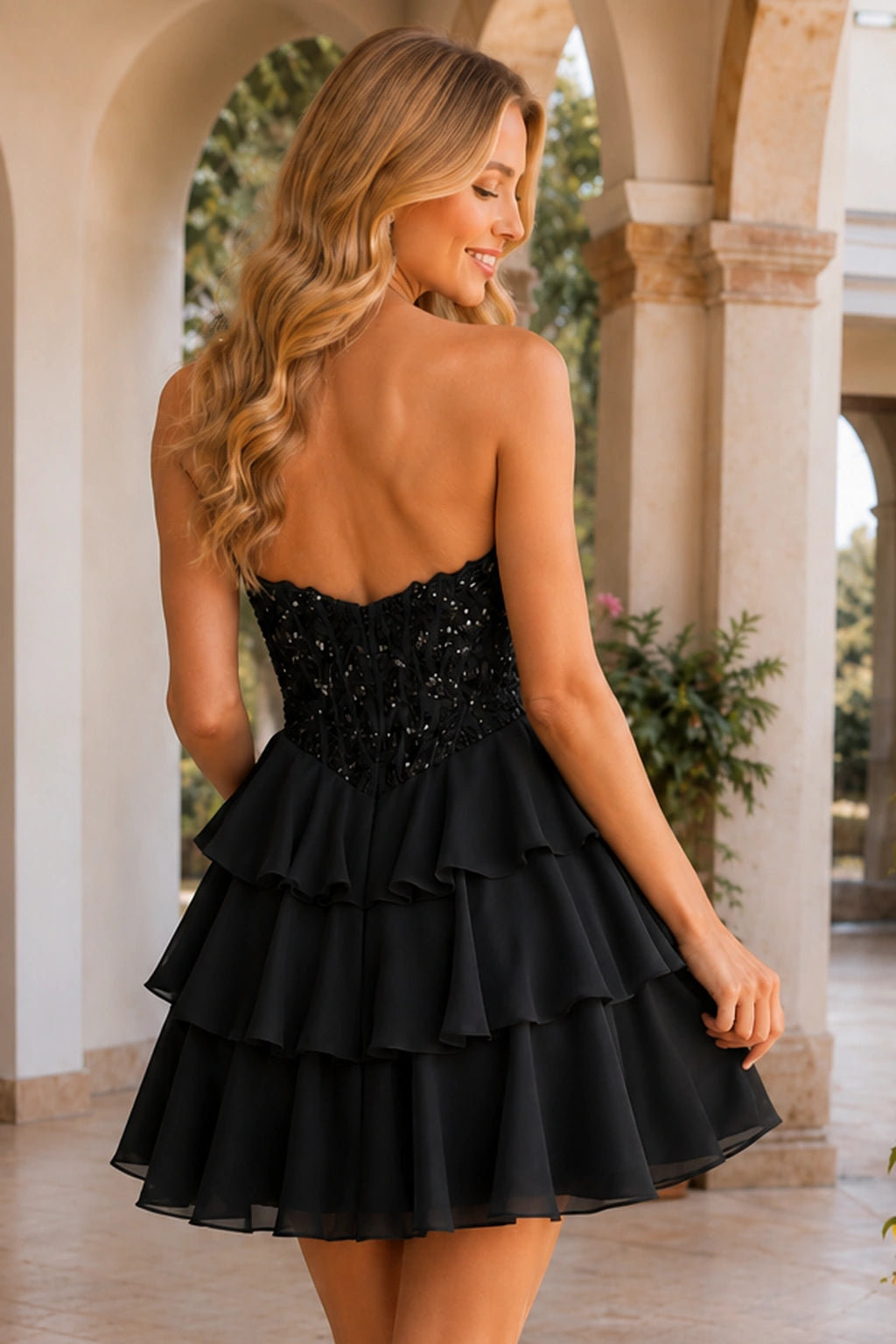 Emery Red Beaded Corset Tiered Ruffle Mini Homecoming Dress in Black - back view