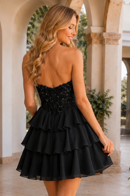 Emery Red Beaded Corset Tiered Ruffle Mini Homecoming Dress in Black - back view