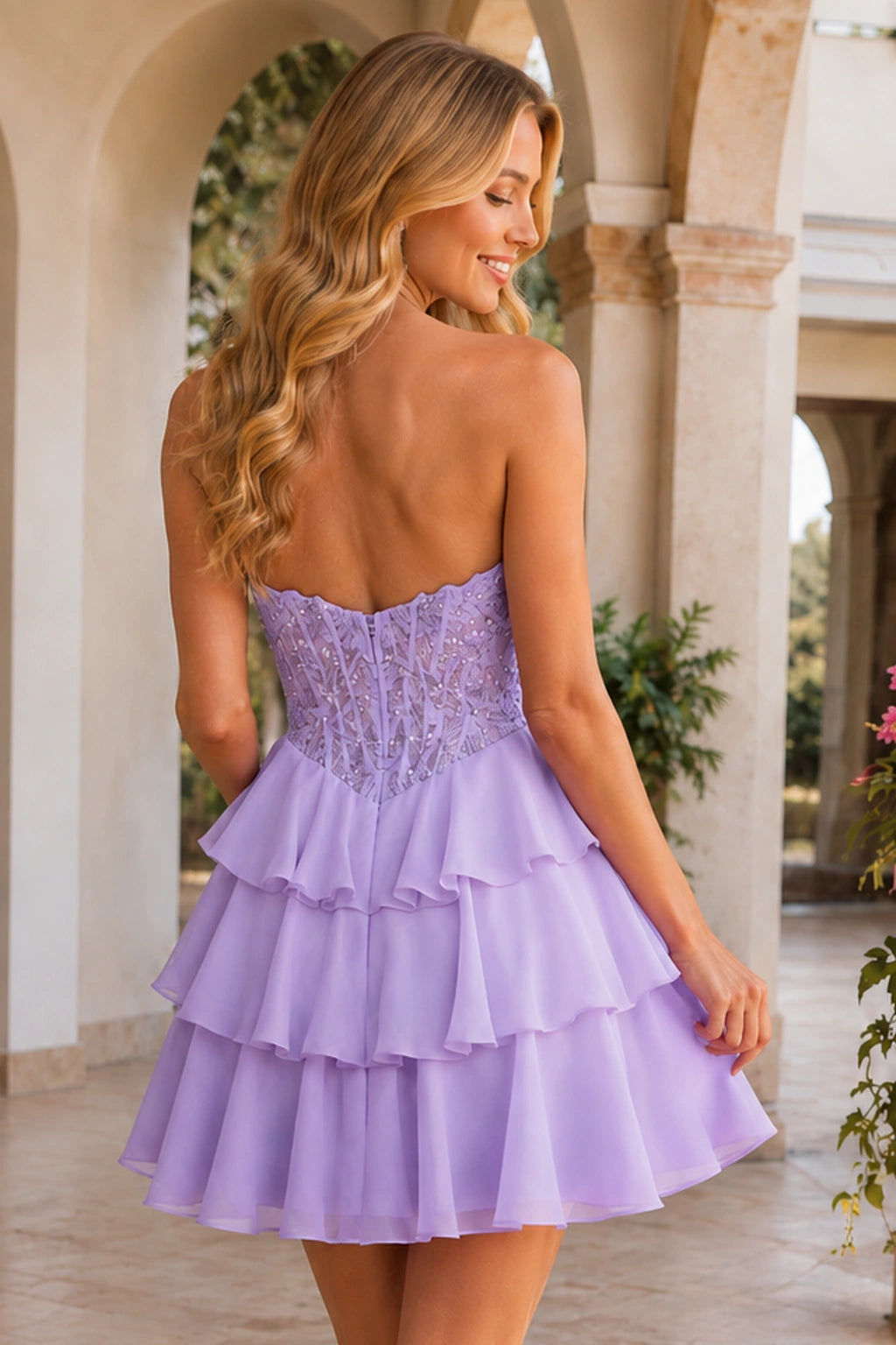 Emery Red Beaded Corset Tiered Ruffle Mini Homecoming Dress in Lavender - back view