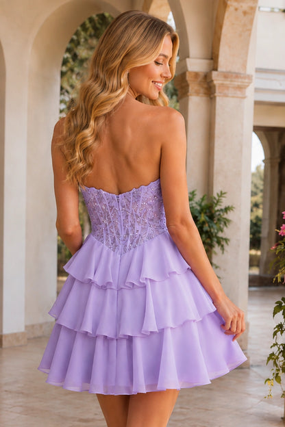 Emery Red Beaded Corset Tiered Ruffle Mini Homecoming Dress in Lavender - back view