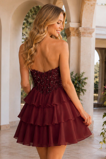 Emery Red Beaded Corset Tiered Ruffle Mini Homecoming Dress in Burgundy - back view