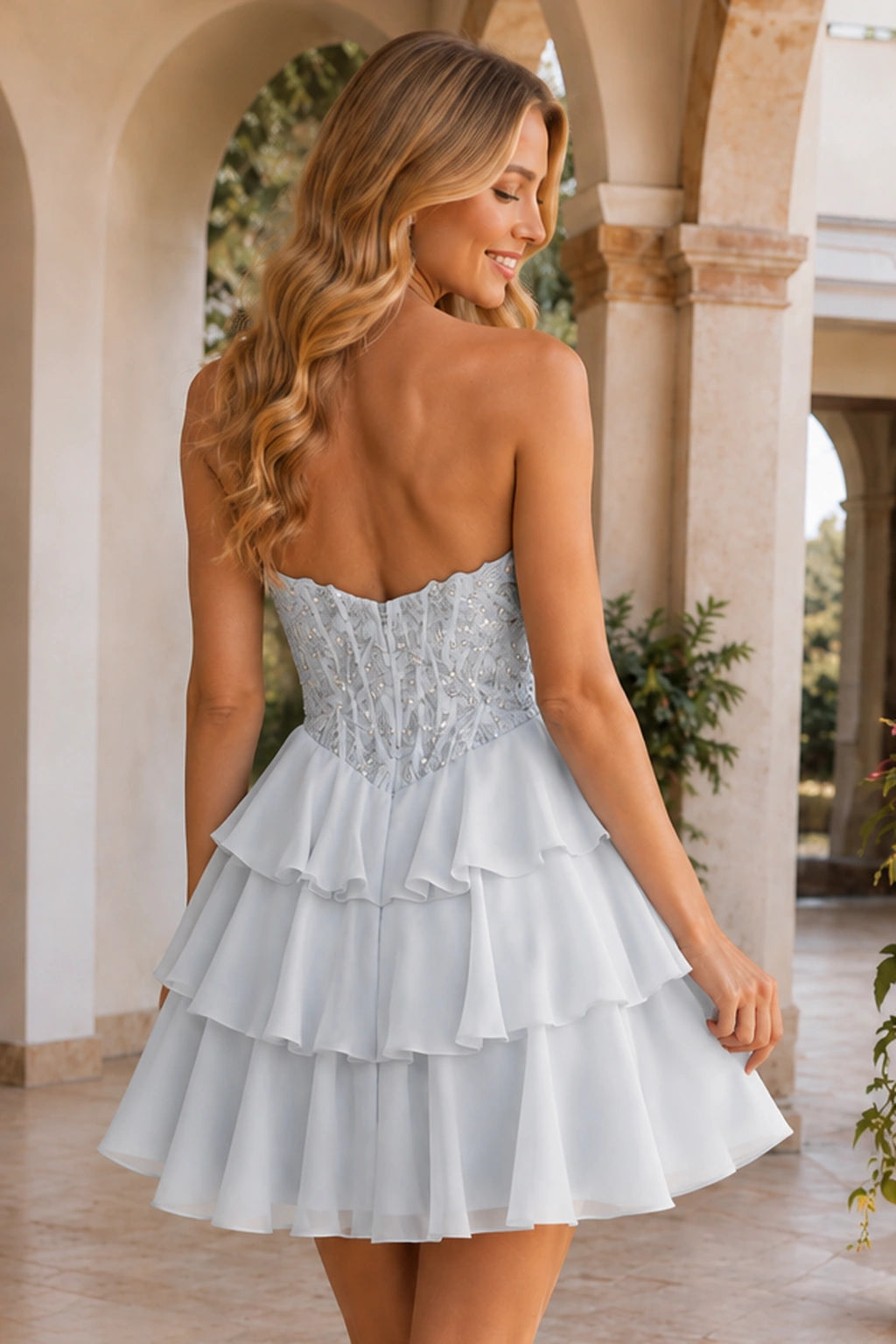 Emery Red Beaded Corset Tiered Ruffle Mini Homecoming Dress in Silver - back view