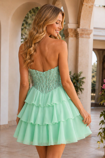 Emery Red Beaded Corset Tiered Ruffle Mini Homecoming Dress in Mint Green - back view