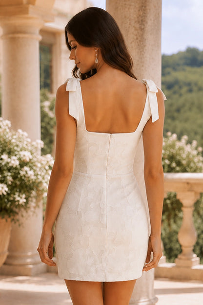 Giselle Light Blue Bow-Strap Floral Corset Mini Homecoming Dress in White - back view