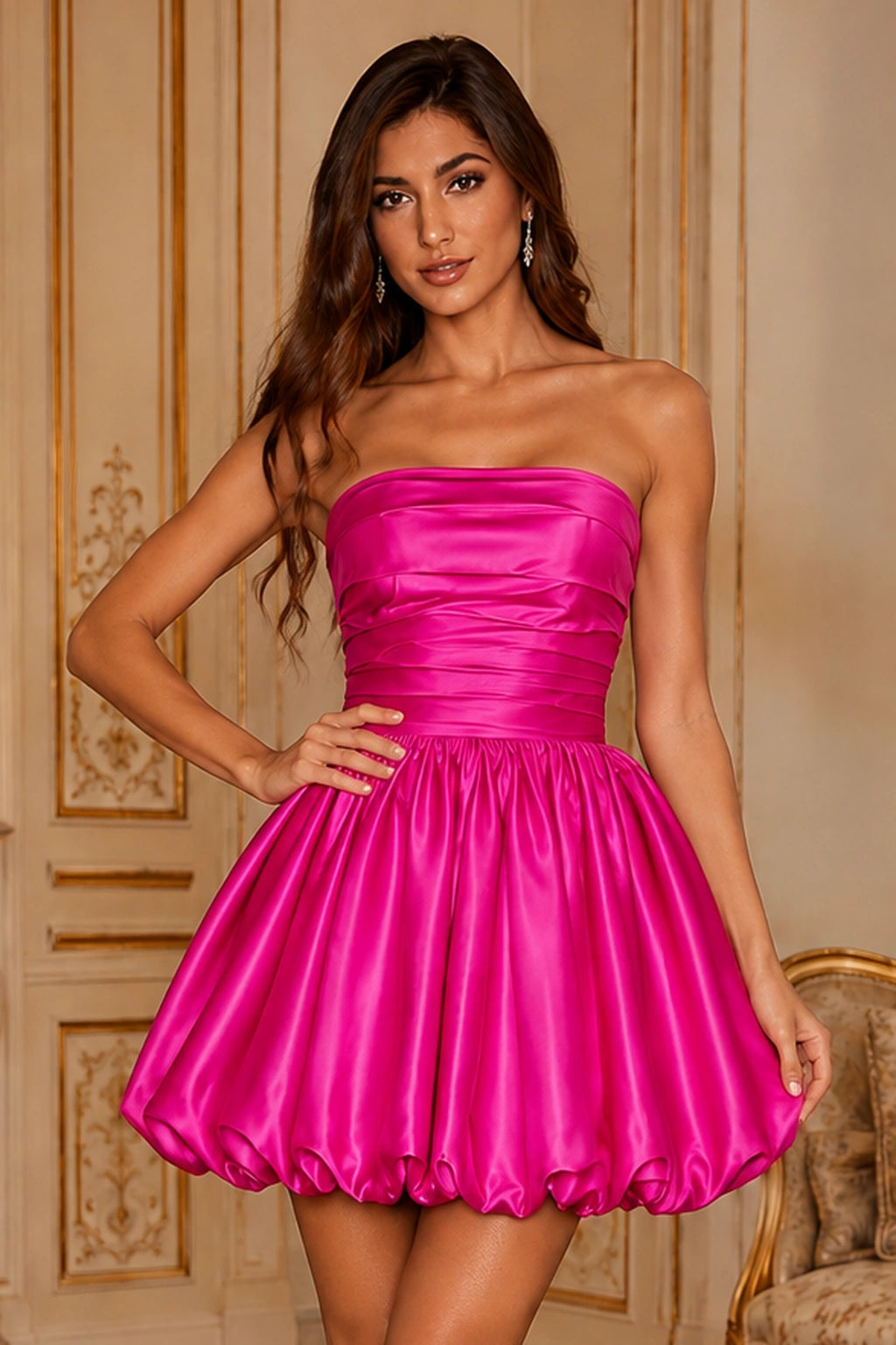 Greer Blush Pink Strapless Bubble-Hem Mini Homecoming Dress in Hot Pink - front view