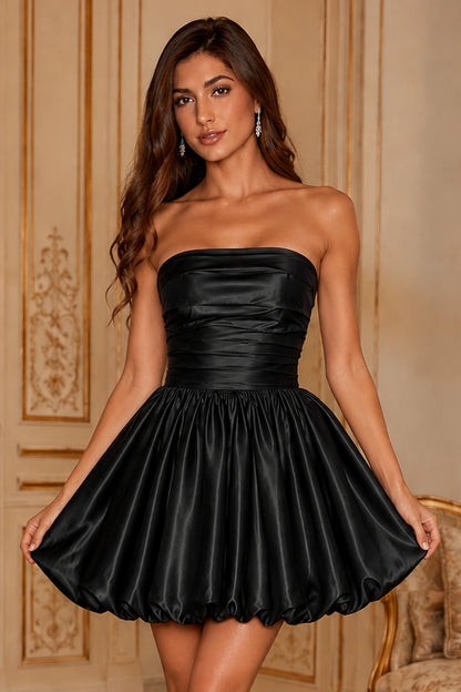 Greer Blush Pink Strapless Bubble-Hem Mini Homecoming Dress in Black - front view