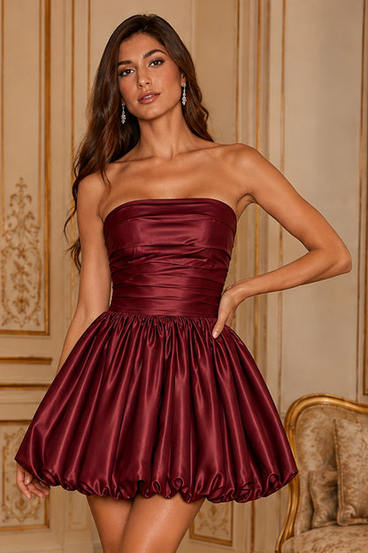 Greer Blush Pink Strapless Bubble-Hem Mini Homecoming Dress in Burgundy - front view