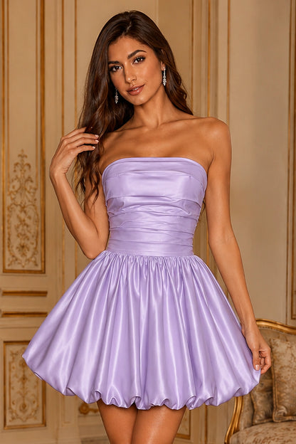 Greer Blush Pink Strapless Bubble-Hem Mini Homecoming Dress in Lavender - front view