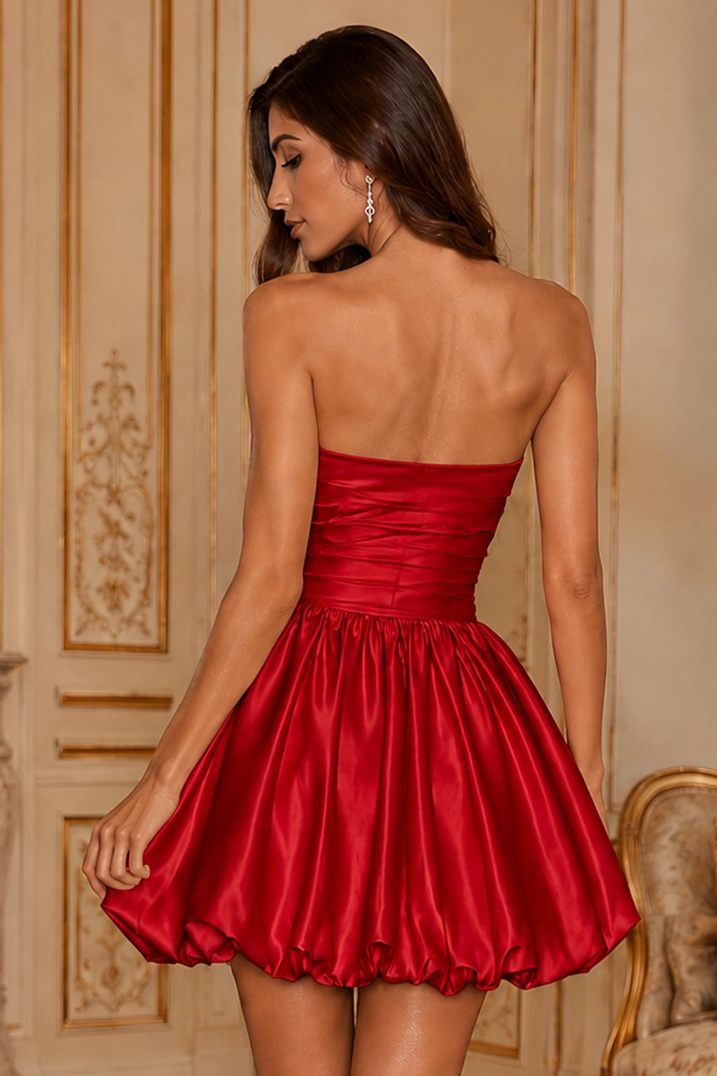 Greer Blush Pink Strapless Bubble-Hem Mini Homecoming Dress in Red - back view