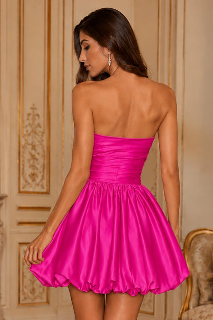 Greer Blush Pink Strapless Bubble-Hem Mini Homecoming Dress in Hot Pink - back view