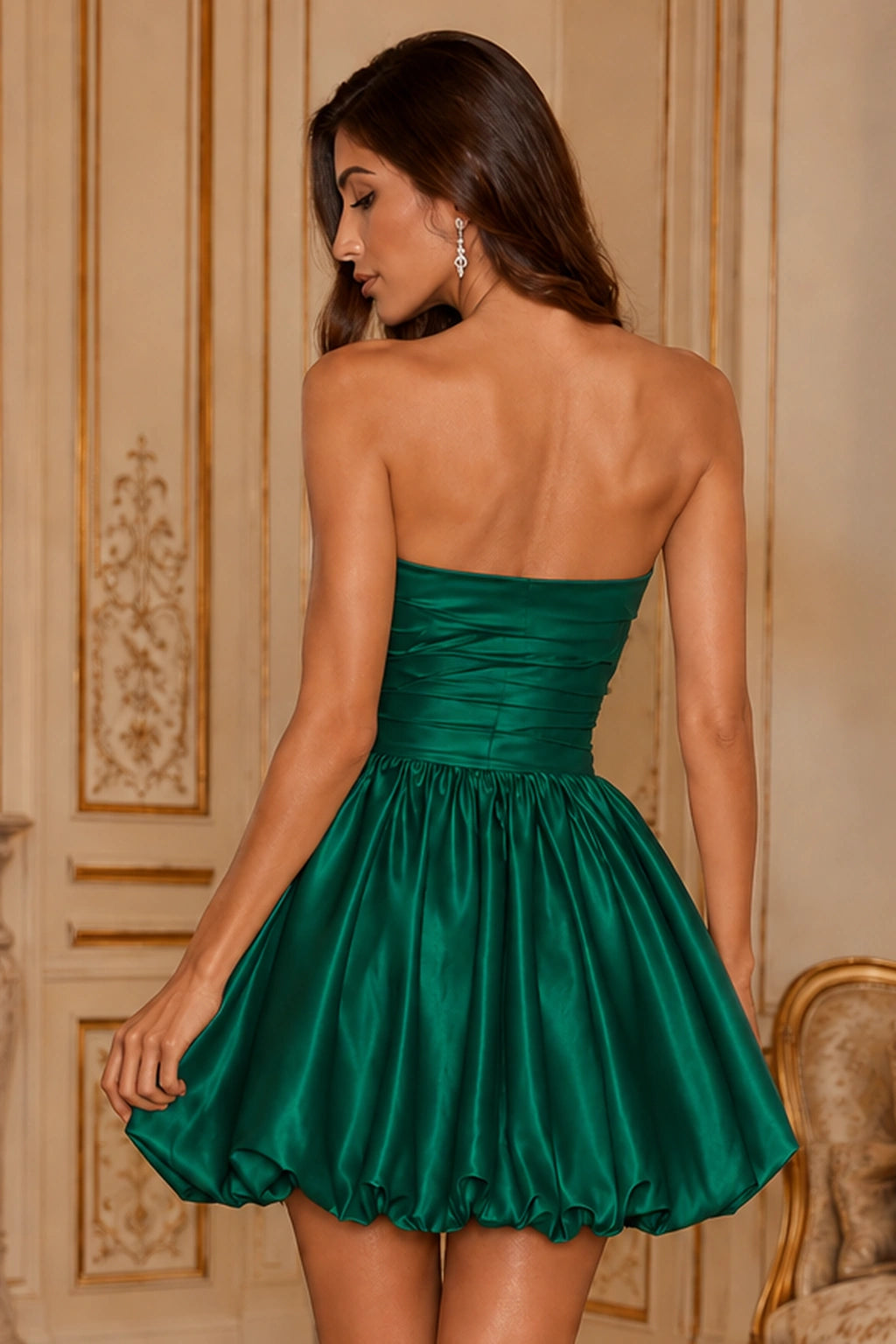 Greer Blush Pink Strapless Bubble-Hem Mini Homecoming Dress in Emerald - back view