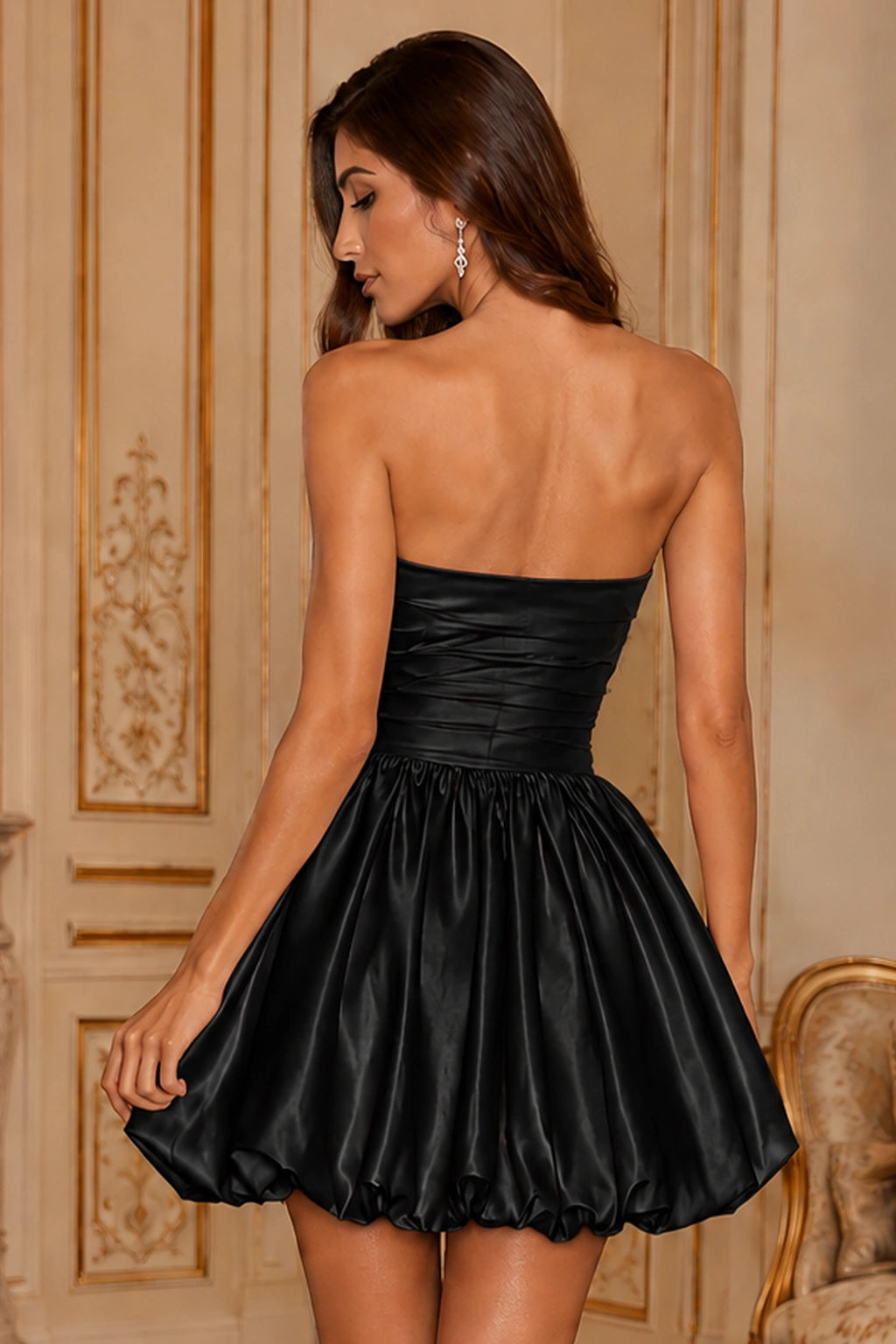 Greer Blush Pink Strapless Bubble-Hem Mini Homecoming Dress in Black - back view