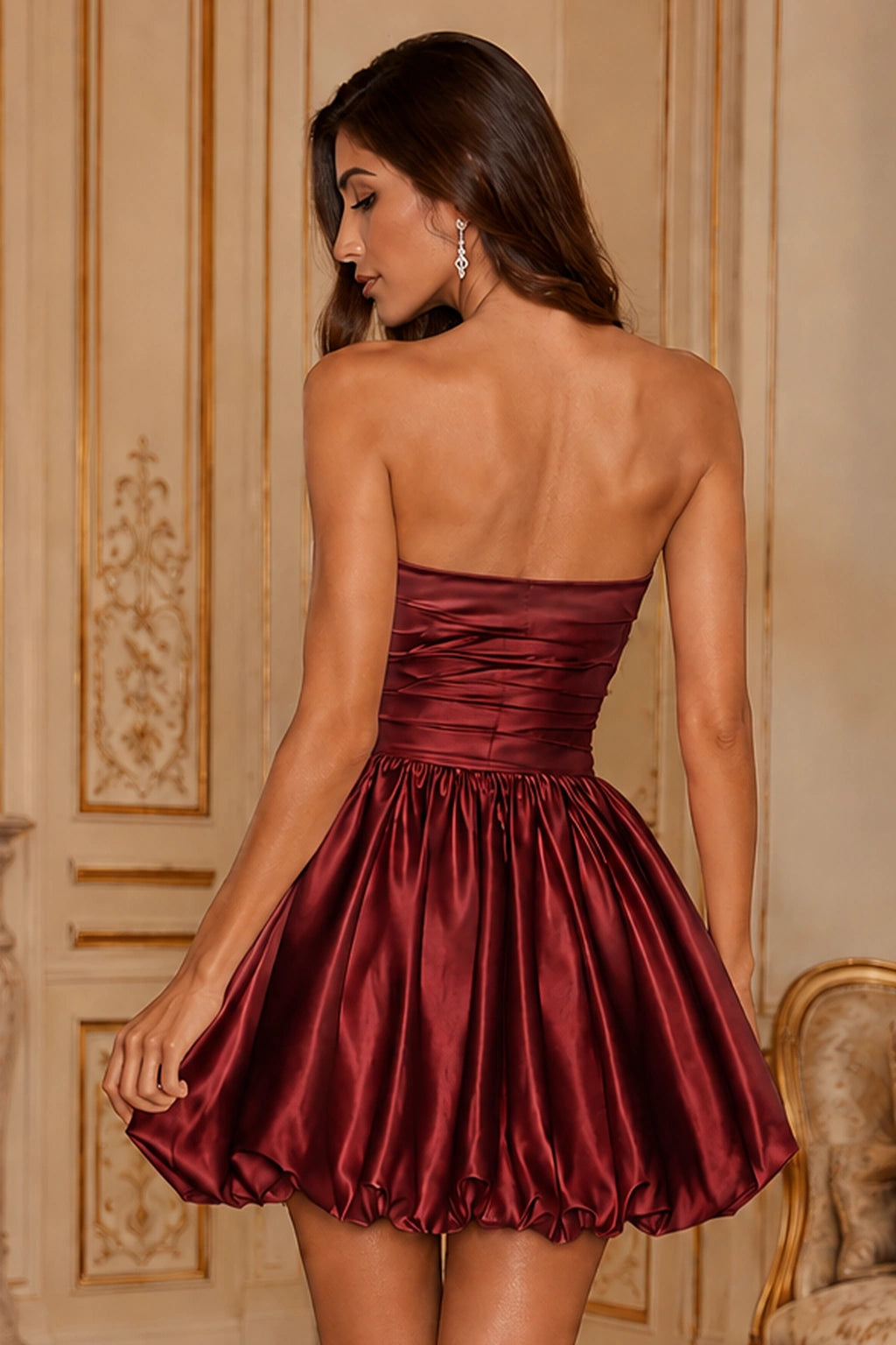 Greer Blush Pink Strapless Bubble-Hem Mini Homecoming Dress in Burgundy - back view