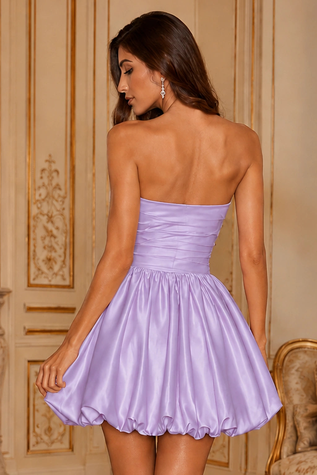 Greer Blush Pink Strapless Bubble-Hem Mini Homecoming Dress in Lavender - back view