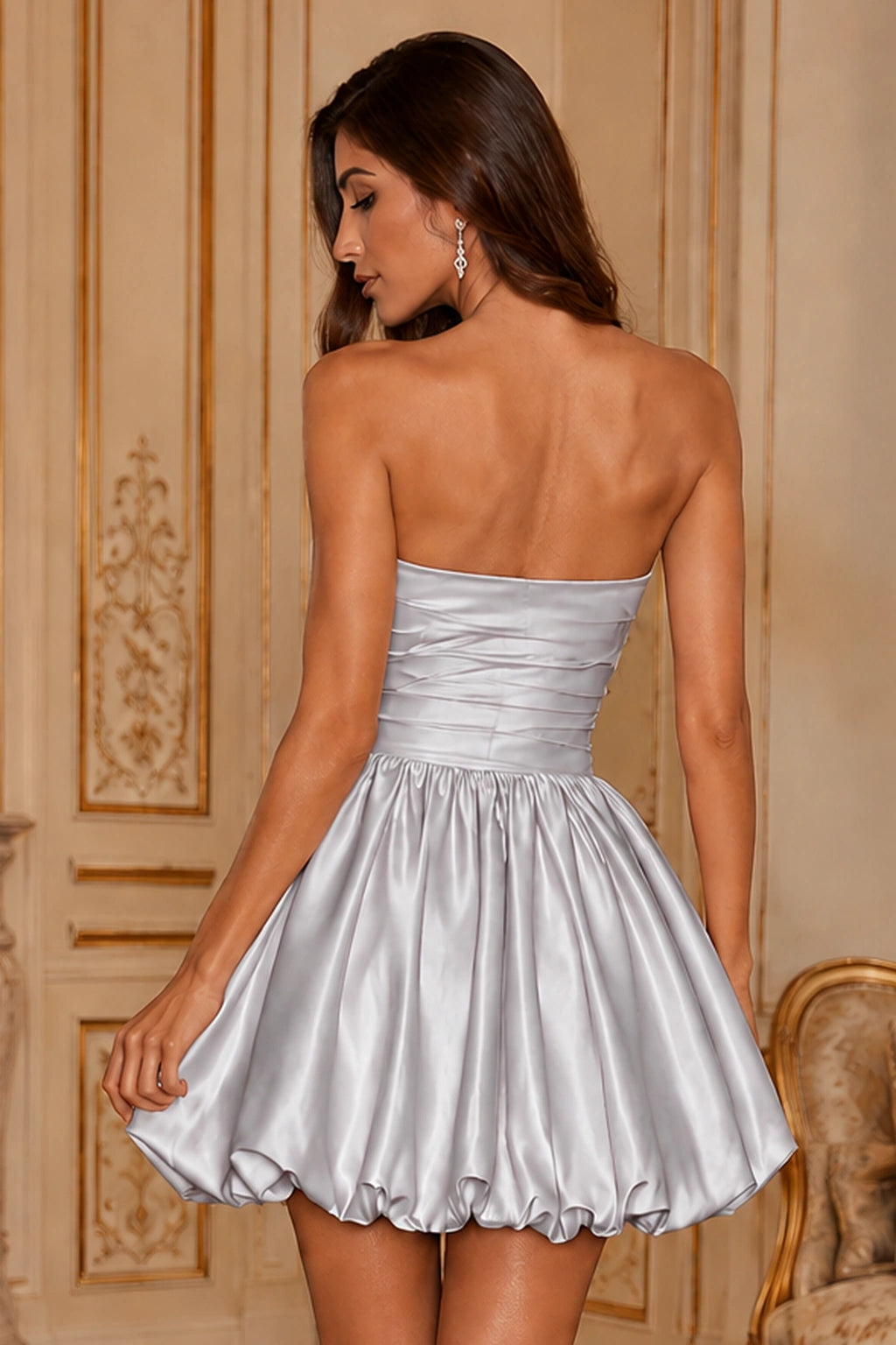 Greer Blush Pink Strapless Bubble-Hem Mini Homecoming Dress in Silver - back view