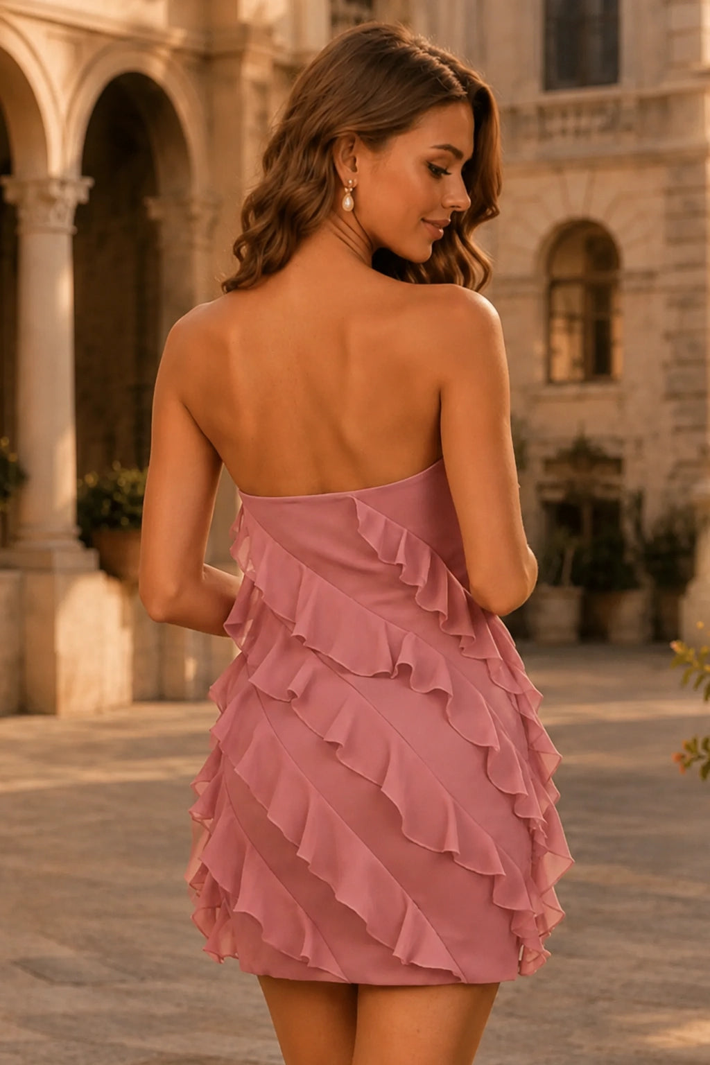 Kaelin Fuchsia Ruffle Bandeau Mini Homecoming Dress in Rose Pink - front view
