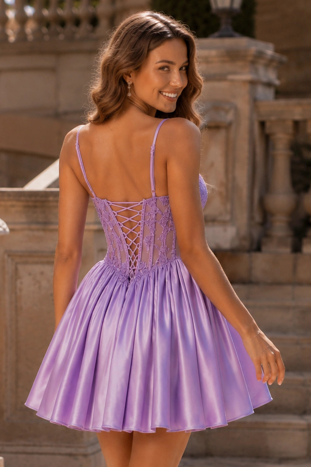 Kendra Sage Green Corset Babydoll Mini Homecoming Dress in Lavender - back view