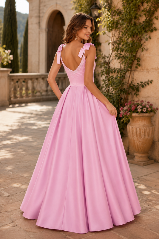 Estthia Light Bow-Shoulder A-Line Prom Dress in Light Pink - back view