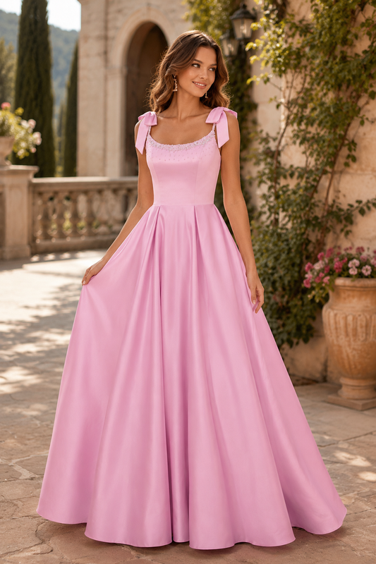 Estthia Light Bow-Shoulder A-Line Prom Dress in Light Pink - front view