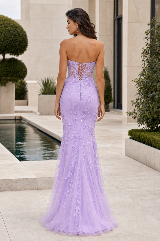 Lyra lavender strapless lace corset mermaid prom dress lace-up back view