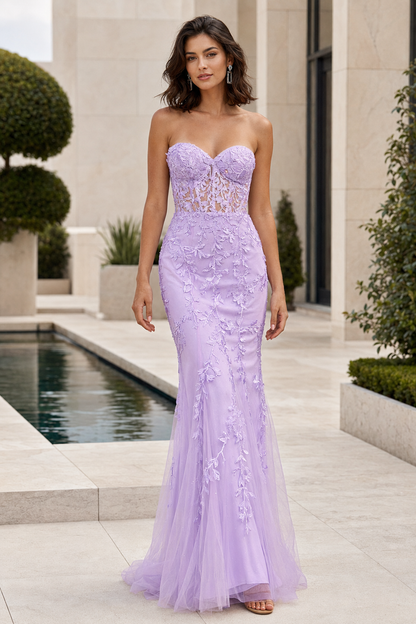 Lyra lavender strapless lace corset mermaid prom dress front view