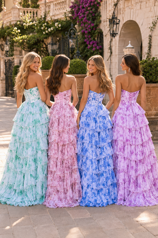 Genevieve Floral Sweetheart Tiered A-Line Prom Dress in Multicolor - back view