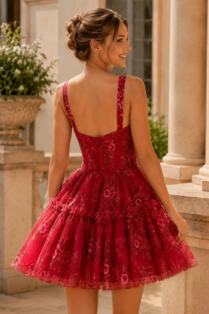 Neriah Blush Floral Sweetheart Tulle Mini Homecoming Dress in Red Floral - back view