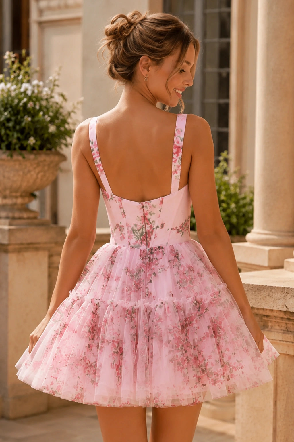 Neriah Blush Floral Sweetheart Tulle Mini Homecoming Dress in Blush Floral - back view