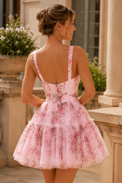 Neriah Blush Floral Sweetheart Tulle Mini Homecoming Dress in Blush Floral - back view